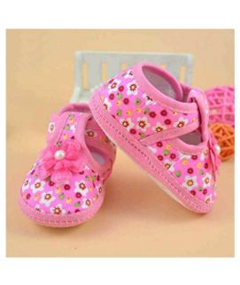 Pink Flower Baby Soft Crib Shoes For Girls