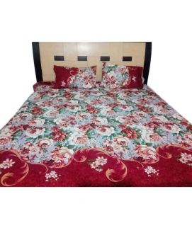 Red Flower Printed Double Bed Sheets With 2 Pilow