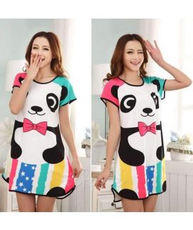 Women's Panda Printed Sleepwear Short Sleeve Long T-Shirt