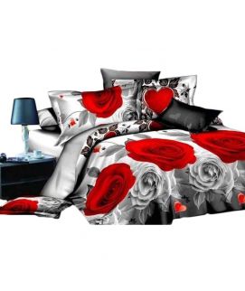Double Bed Sheet White & Red 3D Print With Pillow Covers