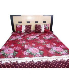 Red Flower Print Double Bed Sheets With 2 Pilow Cover