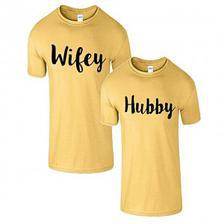 Yellow Color Couple Tshirts - Hubby Wifey Printed T shirts For Couple
