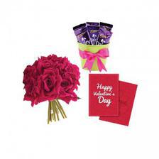 3 Chocolates 5 Artificial Red Roses with Valentine Day Card