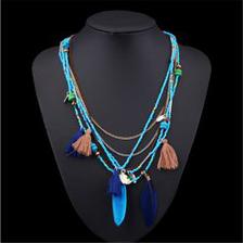 Tassel & Feather Boho Necklace Blue