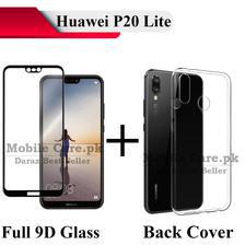 Huawei P20 Lite Black Full 9D Edge to Edge(Full Glue) Tempered Glass Screen Protector + Transparent Back Cover Crystal Clear Cover For P20 Lite
