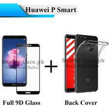 Huawei P Smart Black Full 9D Edge to Edge(Full Glue) Tempered Glass Screen Protector + Transparent Back Cover Crystal Clear Cover For P Smart