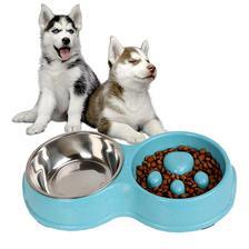 Slow Feeder Dual Feeding Stainless Steel Water Bowl For Cat Dog Puppy Feeder Food Pet Double Plastic Water Drinking Anti Slip Non-Skid PS113