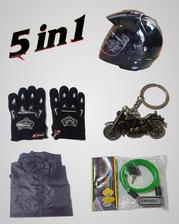 Icon Bike Riding Kit - 5 in 1 - Black Glass Half Face Helmet - Lock - Key Chain - Jacket - Gloves