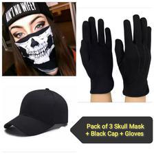 Pack of 3 Skull Mask + Black Cap+ Sun Block Cotton Gloves For Unisex