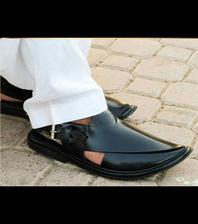 Black Leather Peshawari Chappal For Gentleman
