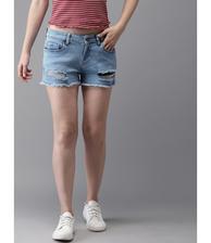 Ripped Washed Blue Denim Short For Women