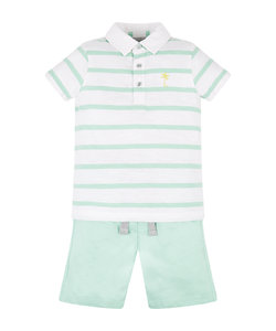 white and green striped polo shirt and jersey shorts set