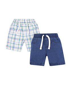 blue and green check and denim shorts - 2 pack