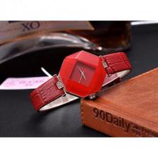 Gem Cut Geometry Crystal Leather Wrist Watch For Women Paris Red