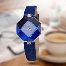 Gem Cut Geometry Crystal Leather Wrist Watch For Women Blue