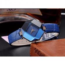 Gem Cut Geometry Crystal Leather Wrist Watch For Women Navy Blue