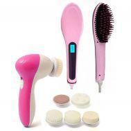 Pack of 2 - Hair Straightener Brush & Face Massager - Pink