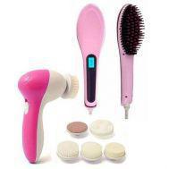 Pack of 2 - Hair Straightener Brush & Face Massager - Pink & White By Saste Shop