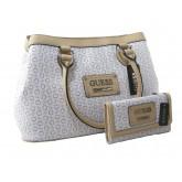 Guess Women's New Purse Satchel Bag & Checkbook Wallet 2 Piece Matching Set White Tan