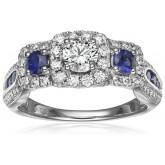  14k White Gold Sapphire and Diamond Halo Ring, Size 7 (3/4cttw, H-I Color, I1-I2 Clarity) 