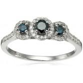  10k White Gold Blue and White Diamond 3-Stone Ring, Size 7 (1/2cttw, I2-I3 Clarity) 