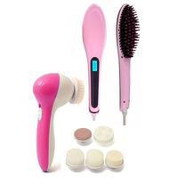 Pack of 2 - Hair Straightener Brush & Face Massager - Pink & White Tajori