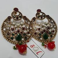 Stylish Earring in Antique with Pearl Green and Maroon Touch Drop Red Bead Tajori