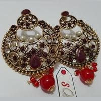 Fasinating Earring in Antique with Pearl Look Drop Red Bead Tajori