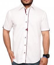 White Short Sleeve Designer Shirt With Maroon Placket