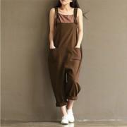 Brown Casual Loose Linen Cotton Jumpsuit Strap Overalls